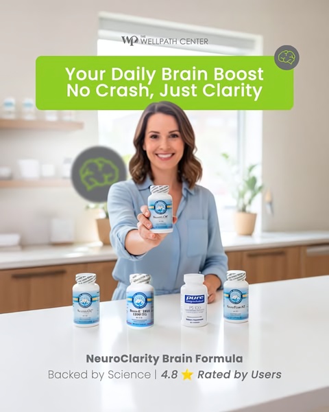 A clean, professional advertisement featuring a person holding brain health supplements in a bright, modern, home-office environment.